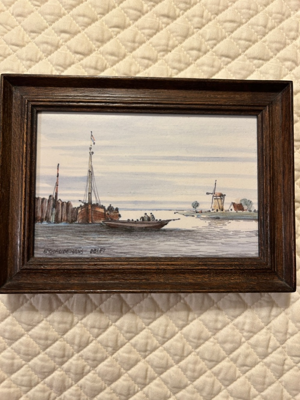 Ceramic Tile Framed Coastal Sailing  Oil Painting. Vintage. 5 1/2 x 7 1/2